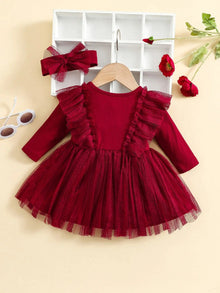 Two-Piece Baby Girl Outfit – Ruffled Mesh Dress & Bow Headscarf