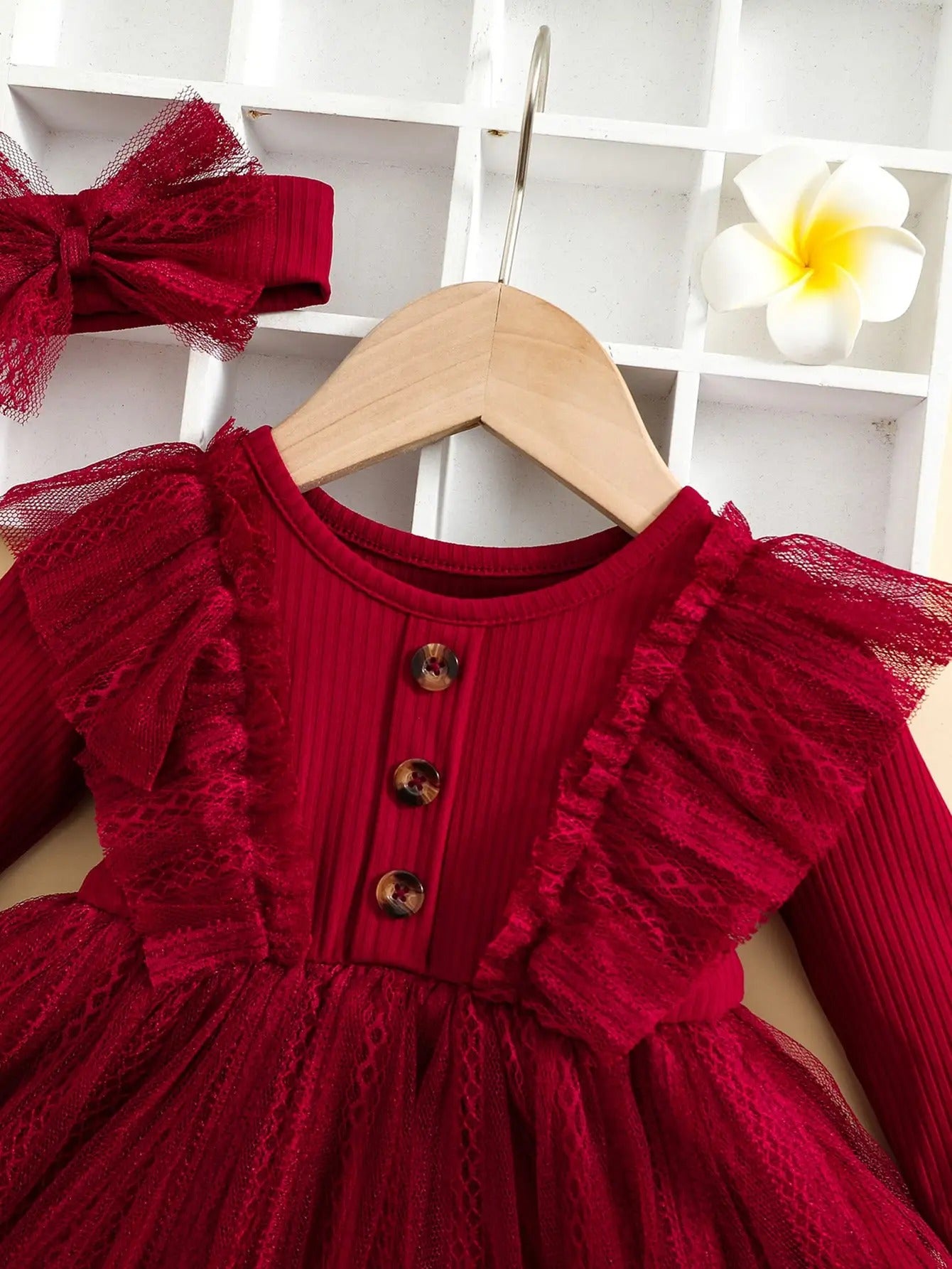 Two-Piece Baby Girl Outfit – Ruffled Mesh Dress & Bow Headscarf