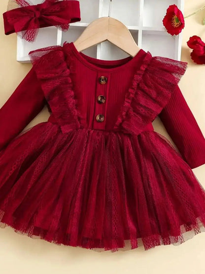 Two-Piece Baby Girl Outfit – Ruffled Mesh Dress & Bow Headscarf