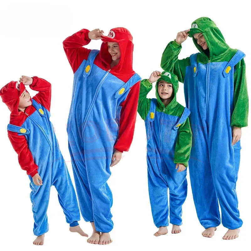Mario or Luigi cosplay onesie costume for kids and adults with hood

