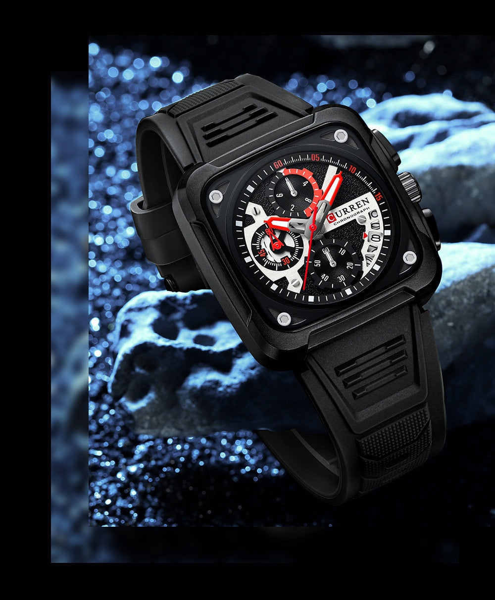 Men's multifunction square calendar quartz watch luxury side profile