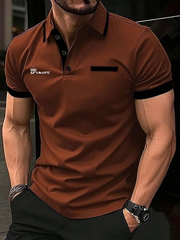 Men's Polo Shirt with golf-inspired design, short sleeves, and color block patchwork for casual summer wear