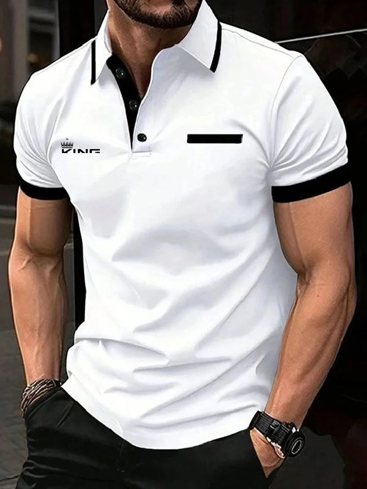 Men's Polo Shirt with golf-inspired design, short sleeves, and color block patchwork for casual summer wear