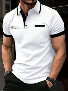 Men's Polo Shirt with golf-inspired design, short sleeves, and color block patchwork for casual summer wear