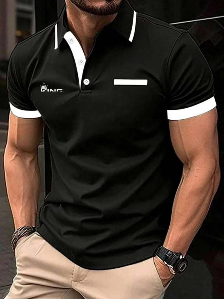 Men's Polo Shirt with golf-inspired design, short sleeves, and color block patchwork for casual summer wear