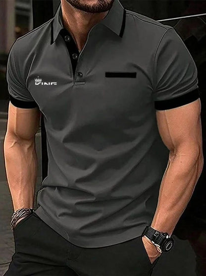 Men's Polo Shirt with golf-inspired design, short sleeves, and color block patchwork for casual summer wear