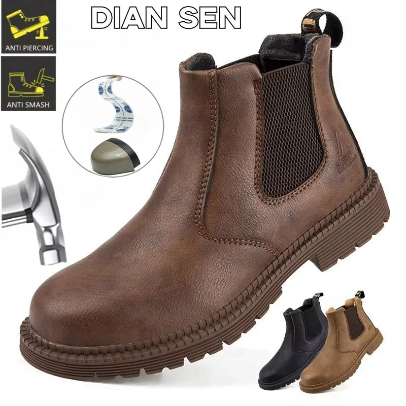 Waterproof Safety Work Shoes for Men in brown leather with steel toe

