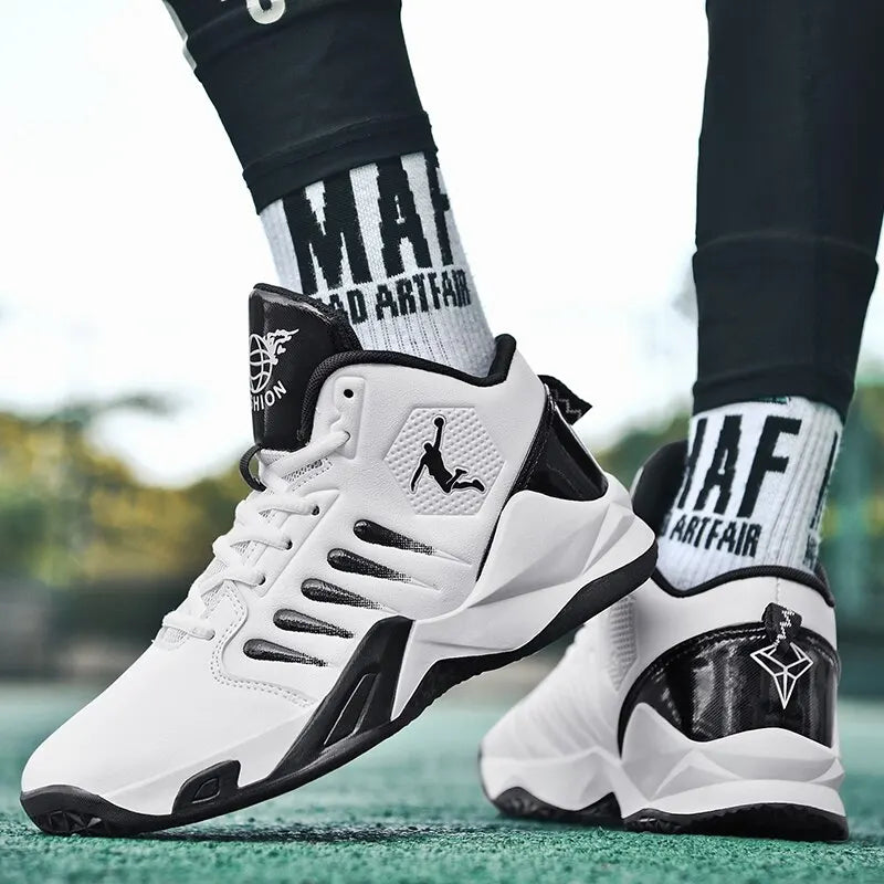 Side view of men's lightweight basketball shoes in black and red

