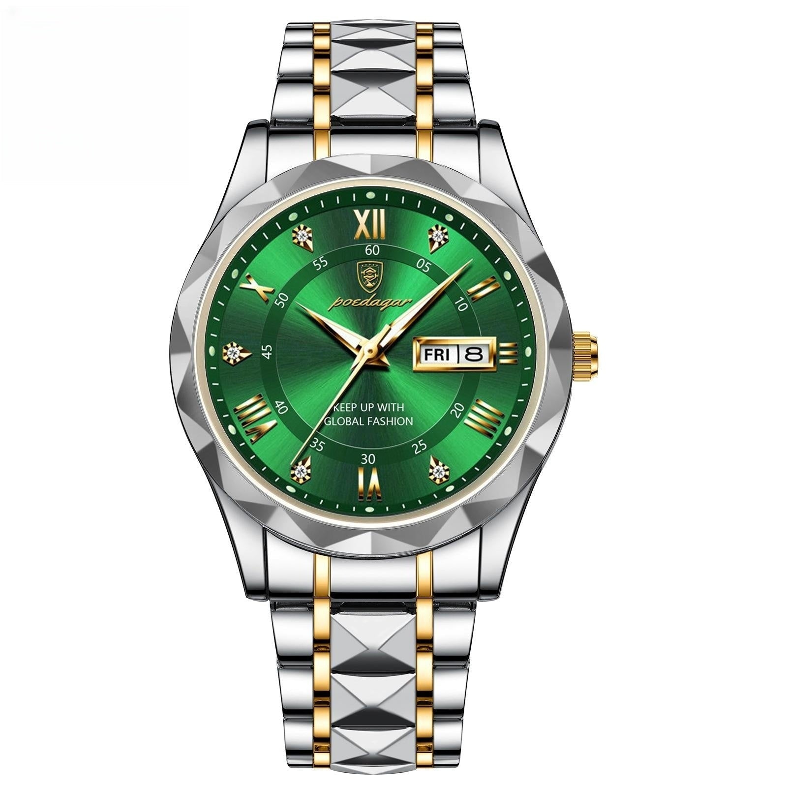 Men's waterproof quartz watch with luminous dial and dual calendar feature

