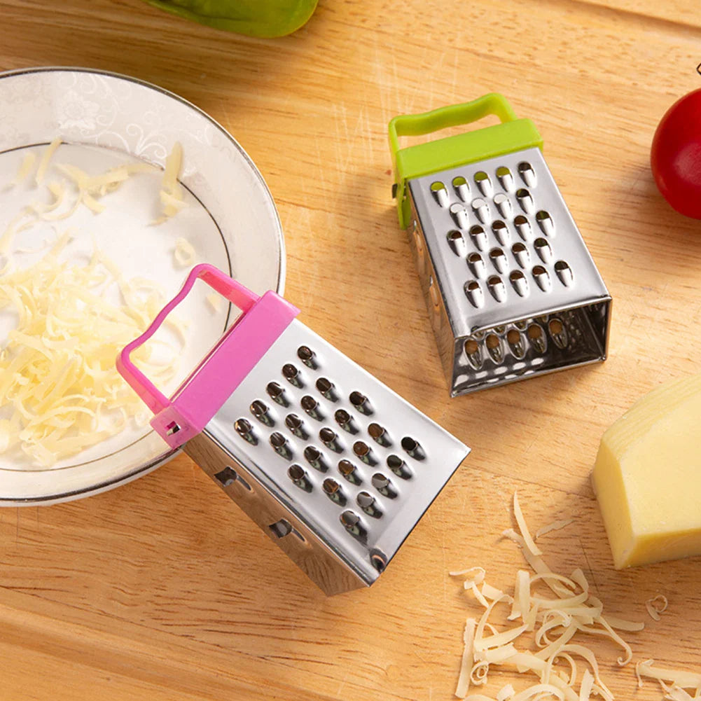 Mini stainless steel four-sided grater for garlic, ginger, fruits, and kitchen prep

