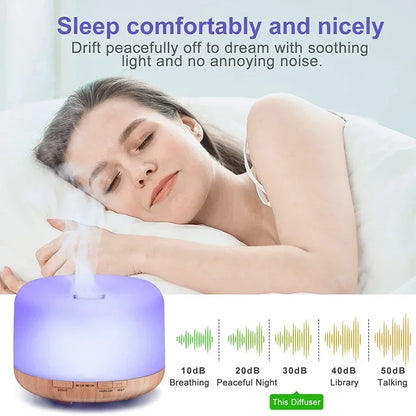 Mini Size Wood Grain Aroma Diffuser USB Essential Oil Humidifier with 500ml Capacity and Colorful Night Lights