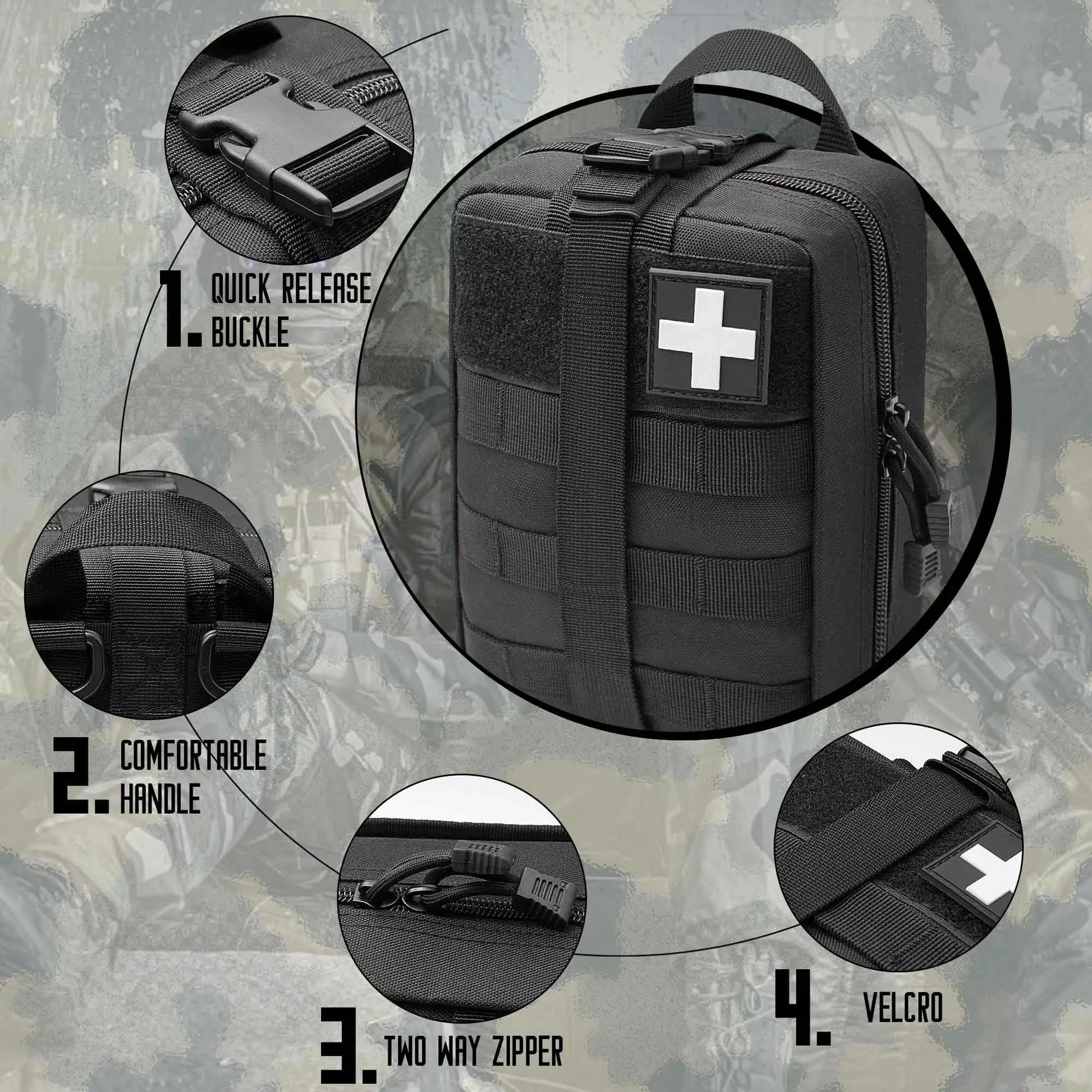 Rip away EMT pouch with molle attachment for hiking and emergency use