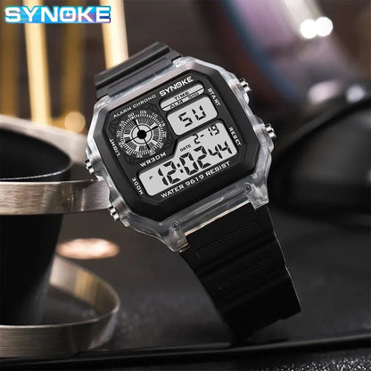 Digital sports watch with waterproof design and 7-color LED lights

