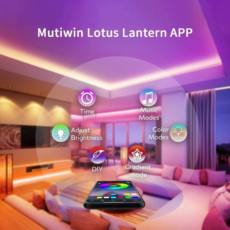 Bluetooth Control RGB Strip Lights glowing in a vibrant bedroom setup