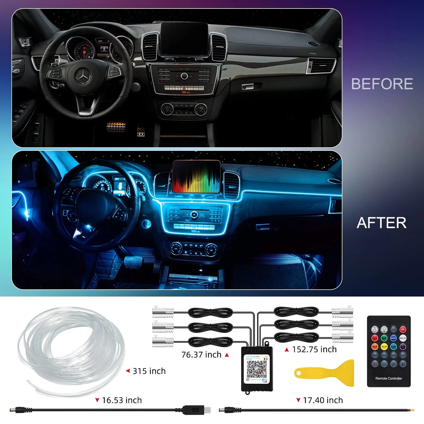 RGB LED Fiber Optic Ambient Strip Lights glowing in car interior