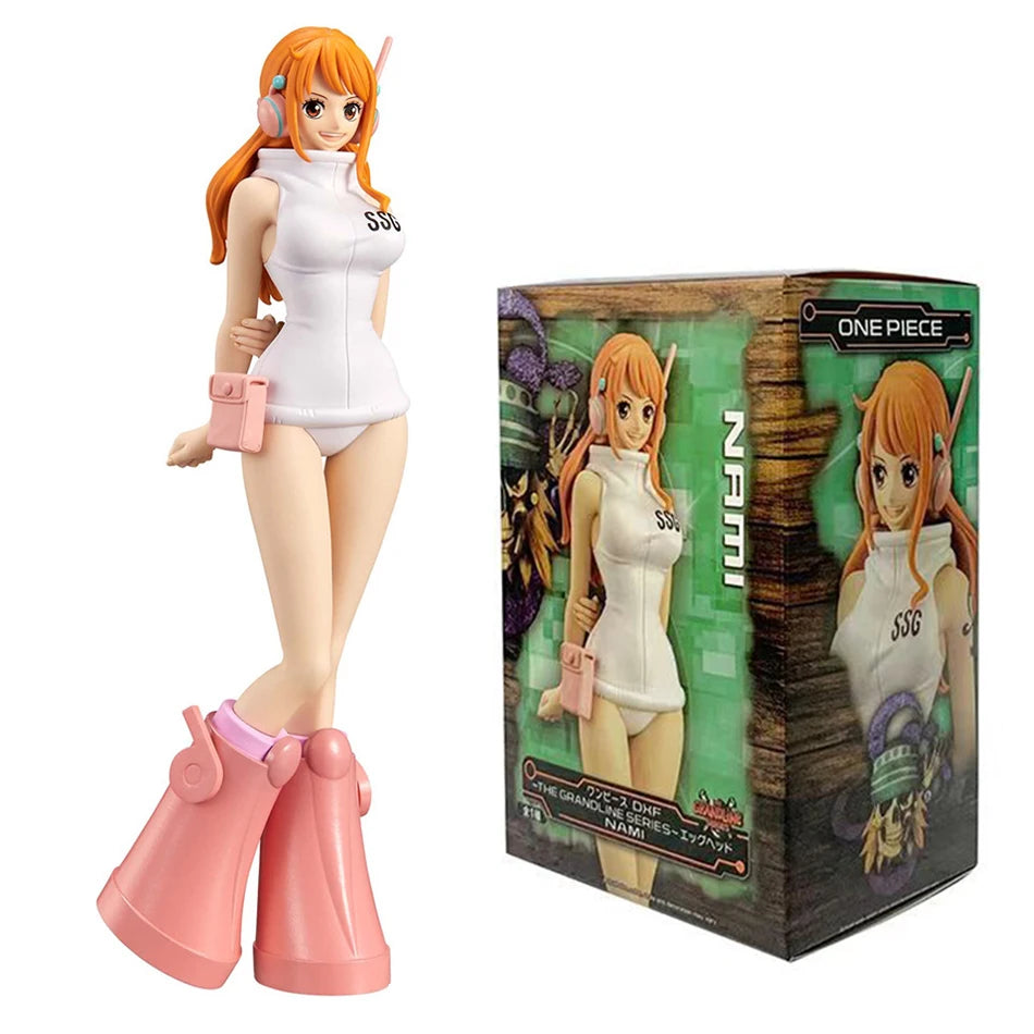 "Straw Hat crew action figures from One Piece Egghead Arc featuring Luffy, Zoro, Nami, Sanji, and more in futuristic outfits."

