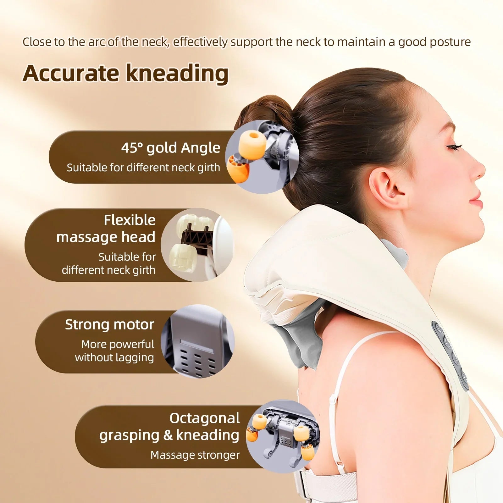 Woman using a portable back and neck massager at home for pain relief

