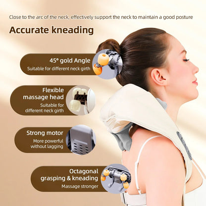 Woman using a portable back and neck massager at home for pain relief

