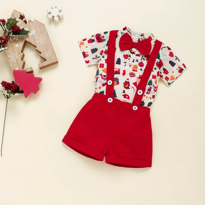 Newborn wearing festive bowtie Christmas romper with braces

