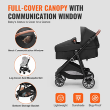 Standard baby stroller with bassinet, foldable design, and reversible seat

