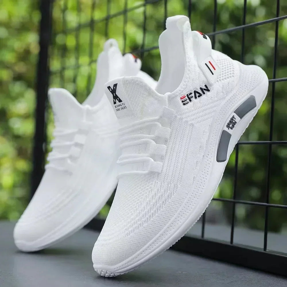 Men’s white casual sneakers with breathable mesh and non-slip sole for outdoor walking

