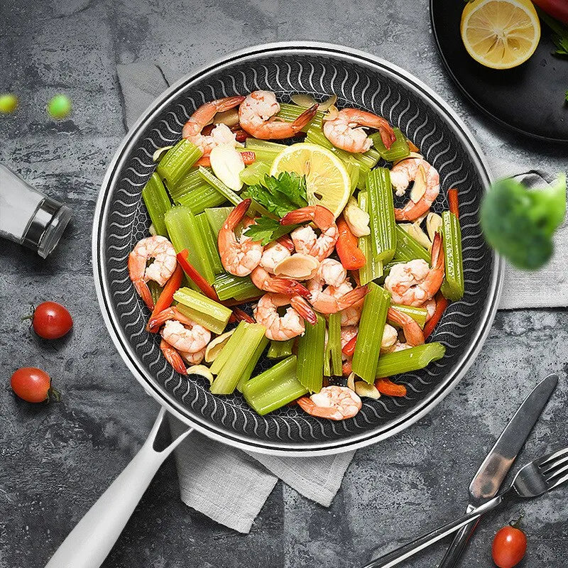 Tri-ply stainless steel double-sided nonstick frying pan with ergonomic handle for easy flipping


