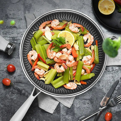 Tri-ply stainless steel double-sided nonstick frying pan with ergonomic handle for easy flipping


