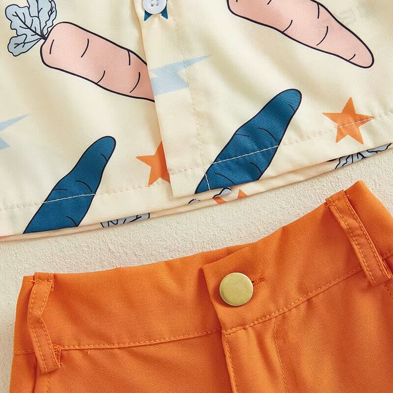 Toddler Easter outfit with orange shorts and gentleman-style shirt

