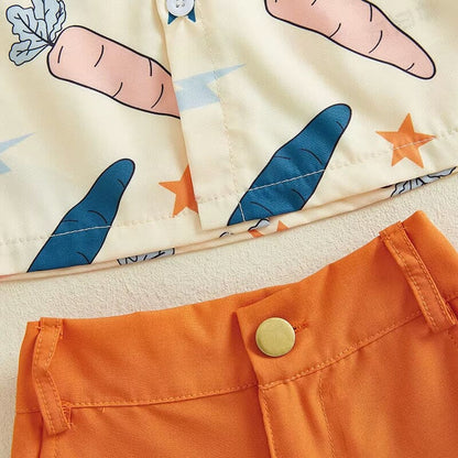 Toddler Easter outfit with orange shorts and gentleman-style shirt

