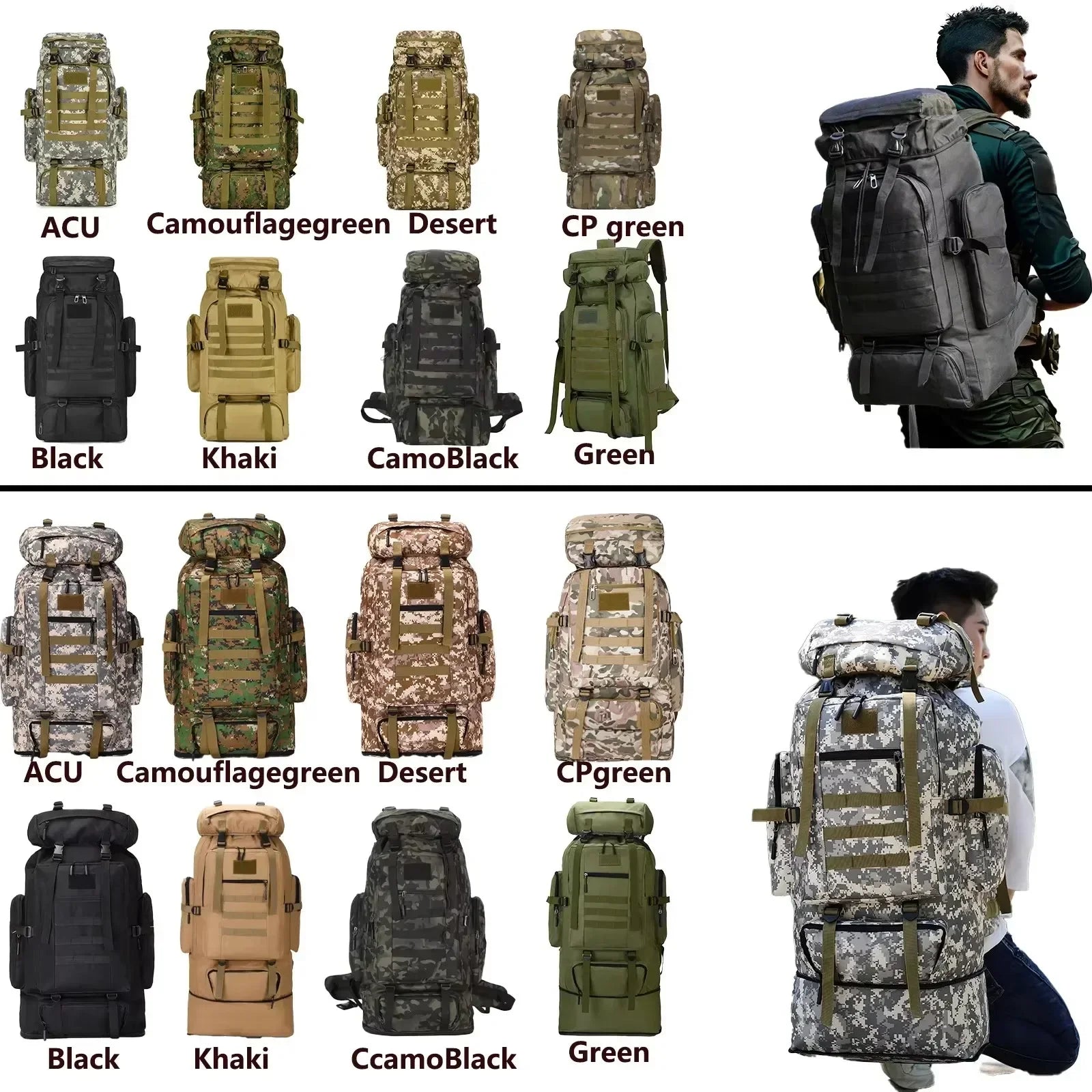 Large tactical hiking backpack 100L for mountaineering, camping and outdoor travel