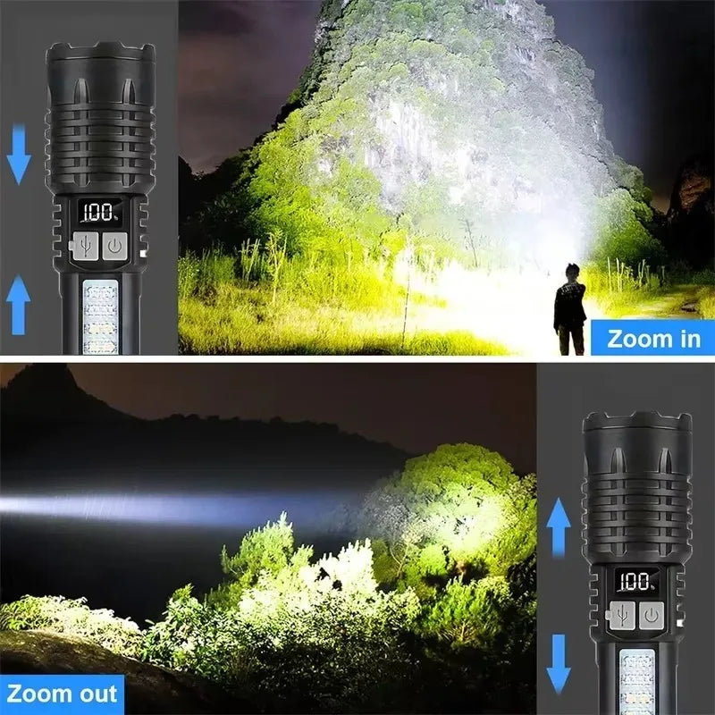 High Power LED Flashlight with COB Side Light and Type-C Rechargeable Battery for Outdoor Camping and Hiking