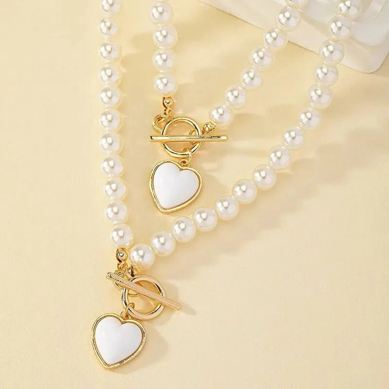 2-Pcs Pearl Necklace Bracelet Jewelry Set with faux pearls and silver-tone chain