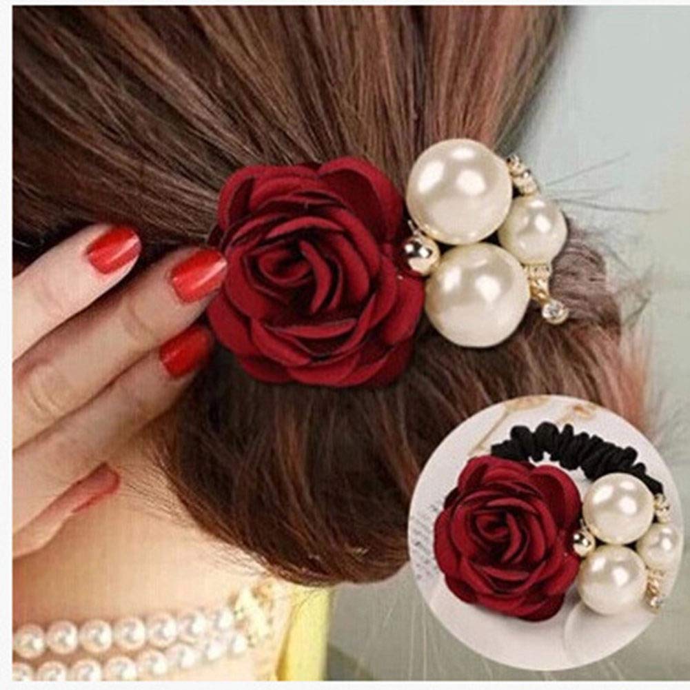 LOVEF Korean fashion pearl hair rope with rose flower and rhinestone accents