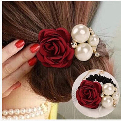 LOVEF Korean fashion pearl hair rope with rose flower and rhinestone accents