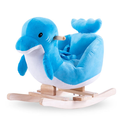 Plush rocking horse toy for kids with soft seat and sturdy wooden rocker

