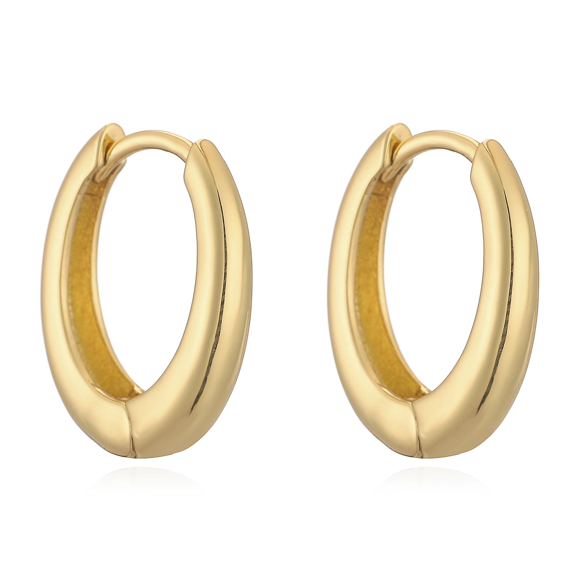 Close-up of 14K gold polished huggies earrings with secure hinge closure