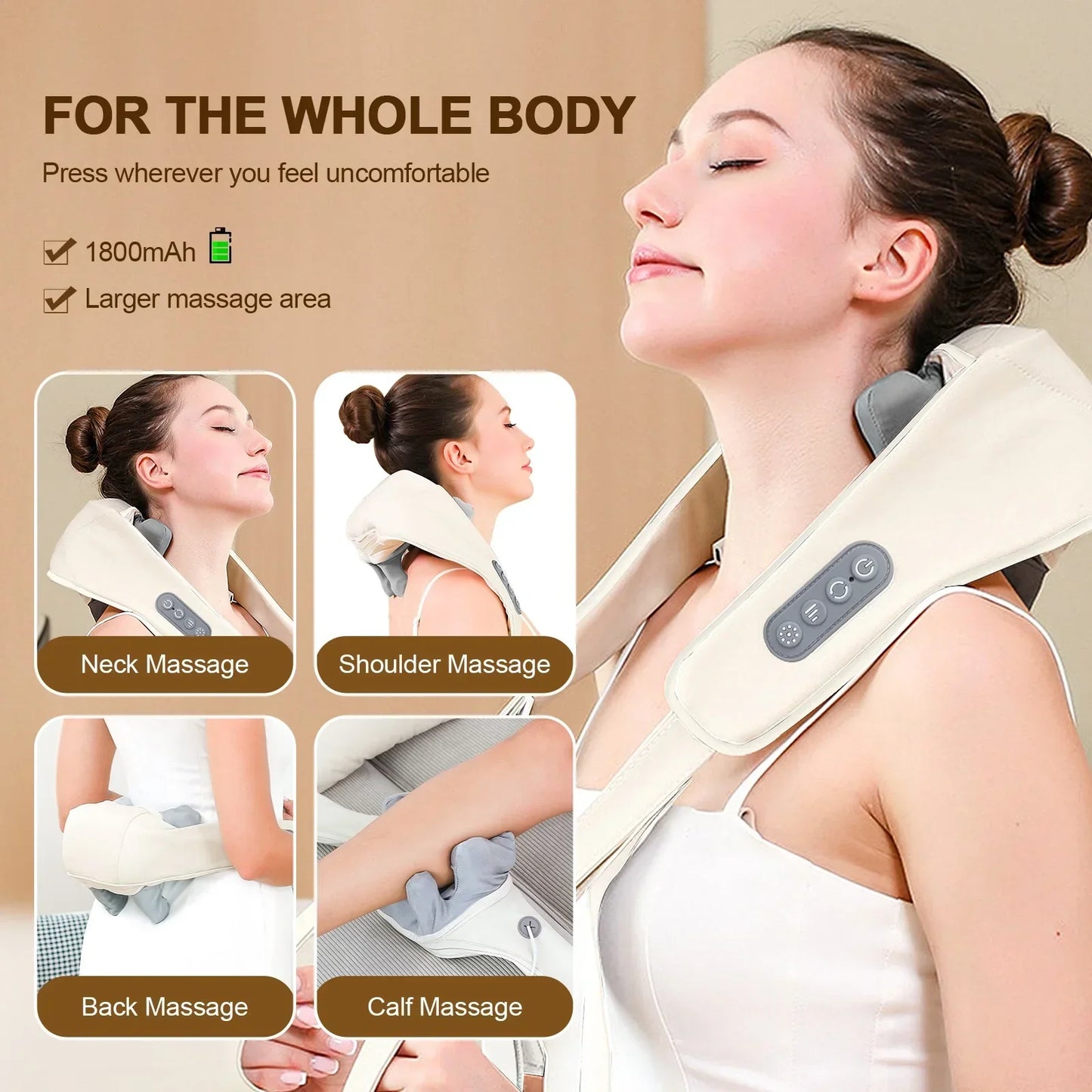 Woman using a portable back and neck massager at home for pain relief

