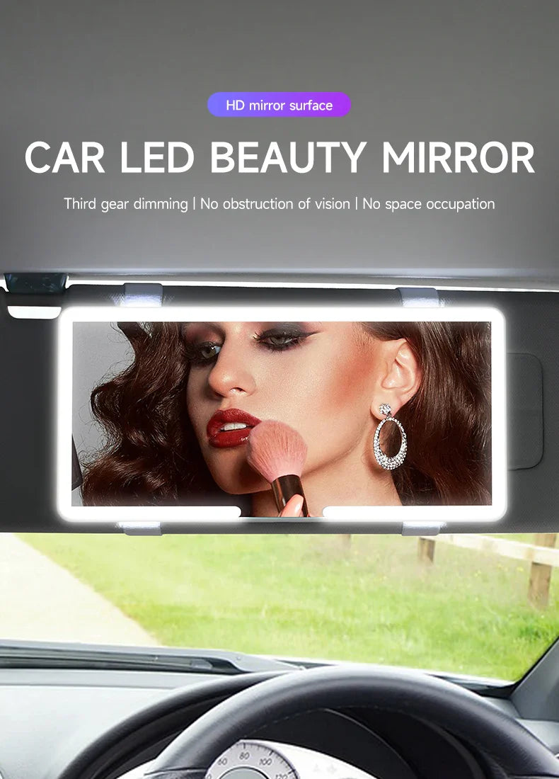 Woman using LED visor vanity mirror in car for makeup

