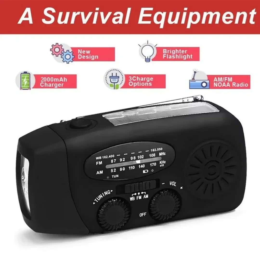 High-Power Outdoor Emergency Radio with Solar and Hand Crank Power, AM/FM Reception, and Disaster Prevention Features for Camping and Survival