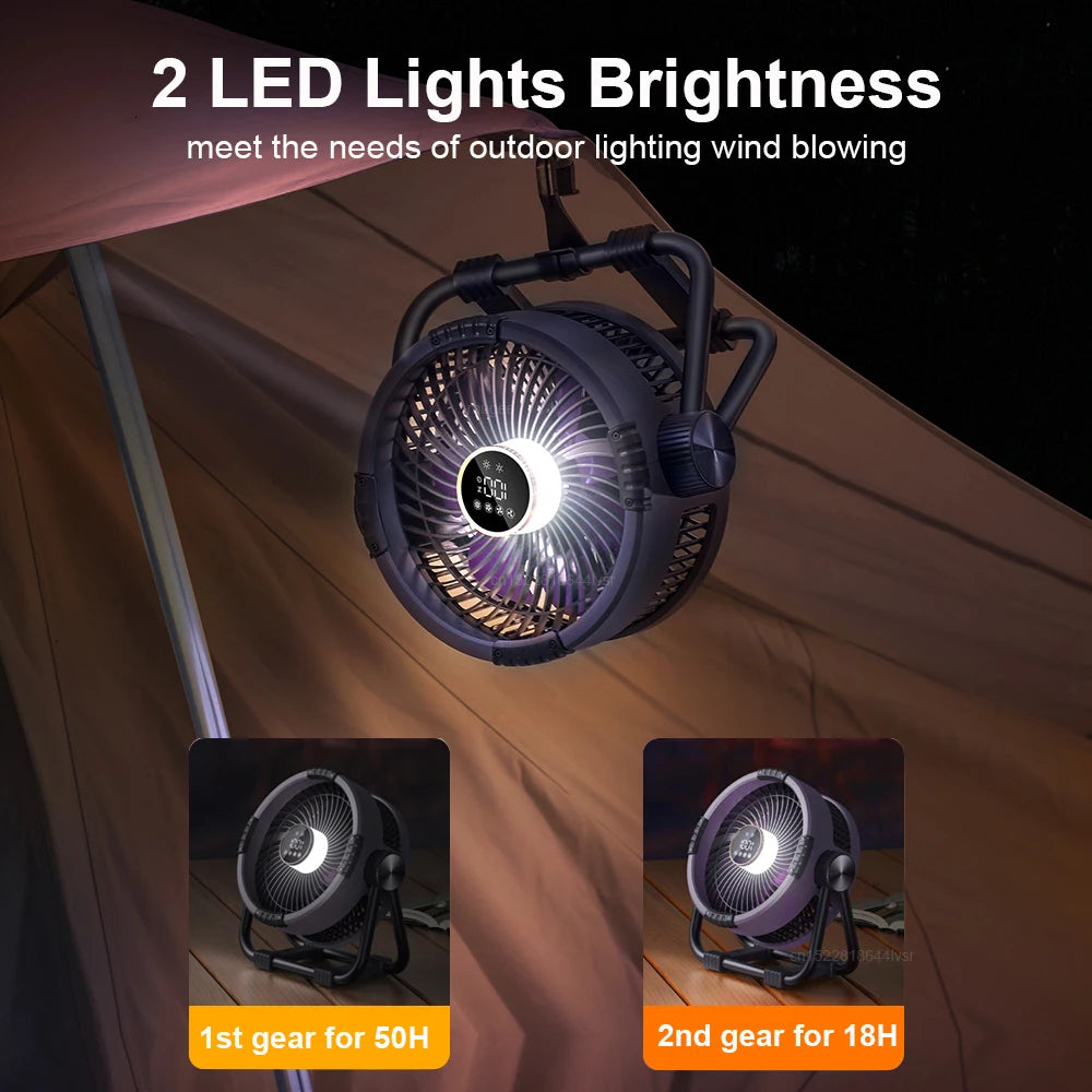 Camping Fan 20000mAh Rechargeable with LED Light and Hook for Tent Ceiling and Outdoor Air Circulation