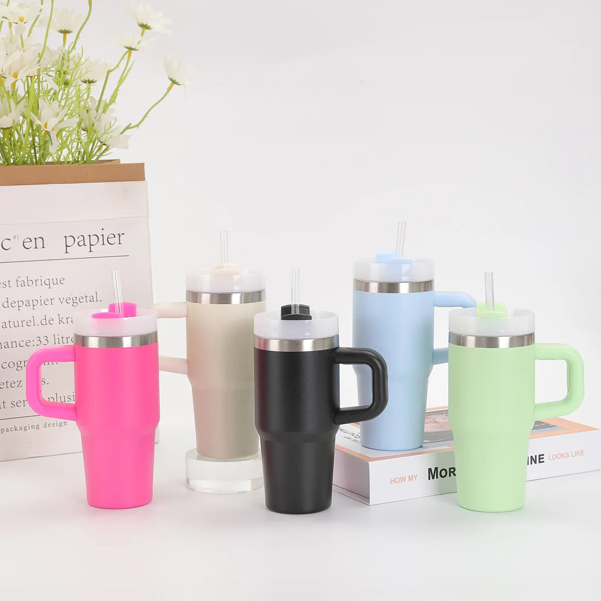 14oz stainless steel travel mug with handle and double-layer insulation