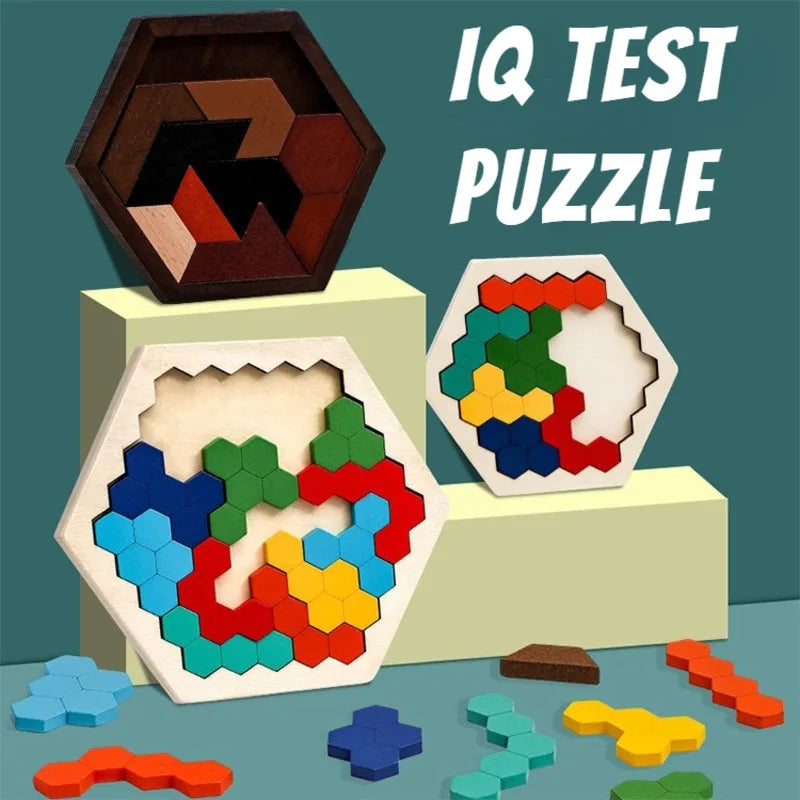 Montessori wooden puzzle for kids with hexagon tangram design

