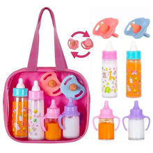 Baby doll feeding bottle set with milk, juice bottles, and pacifier
