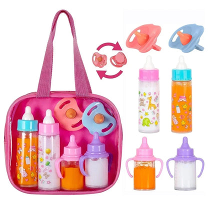 Baby doll feeding bottle set with milk, juice bottles, and pacifier