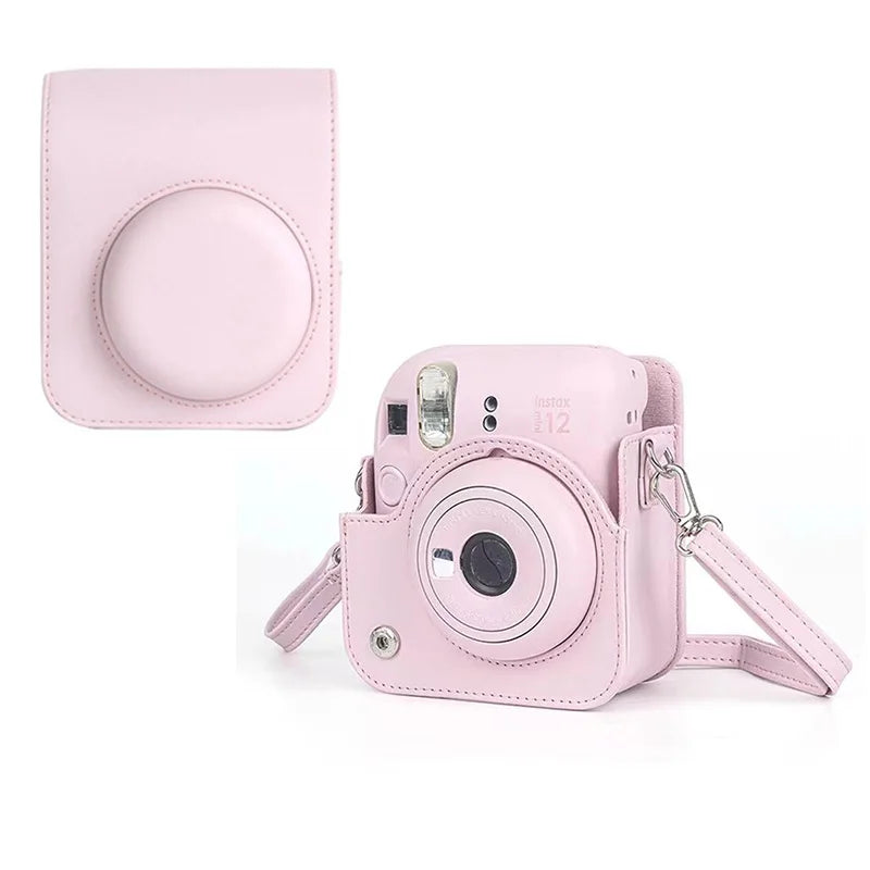PU leather Instax Mini 12 camera case with shoulder strap for travel and protection

