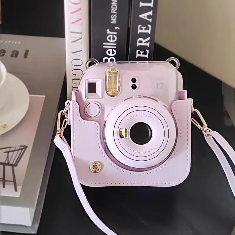 PU leather Instax Mini 12 camera case with shoulder strap for travel and protection

