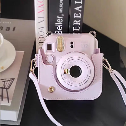 PU leather Instax Mini 12 camera case with shoulder strap for travel and protection

