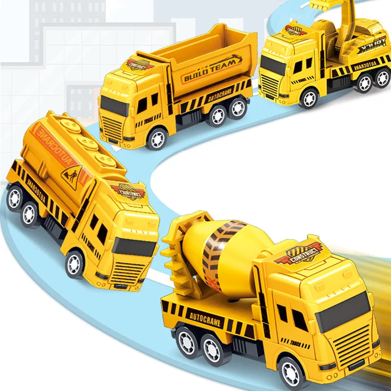 Set of colorful pull back toy cars for kids with engineering vehicle design

