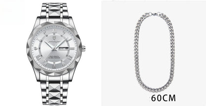 Men's waterproof quartz watch with luminous dial and dual calendar feature

