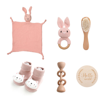 Infant bath towel gift set with rabbit toy and baby rattle for newborns

